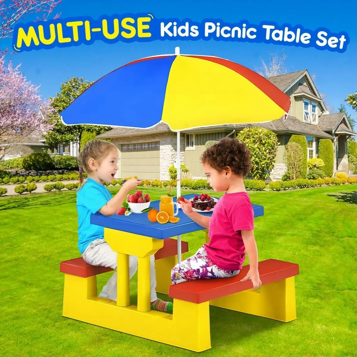 Ausway Kids Table and Chairs Toddler Childrens Picnic Activity Desk Outdoor Play Bench Set Furniture Portable Plastic with Umbrella