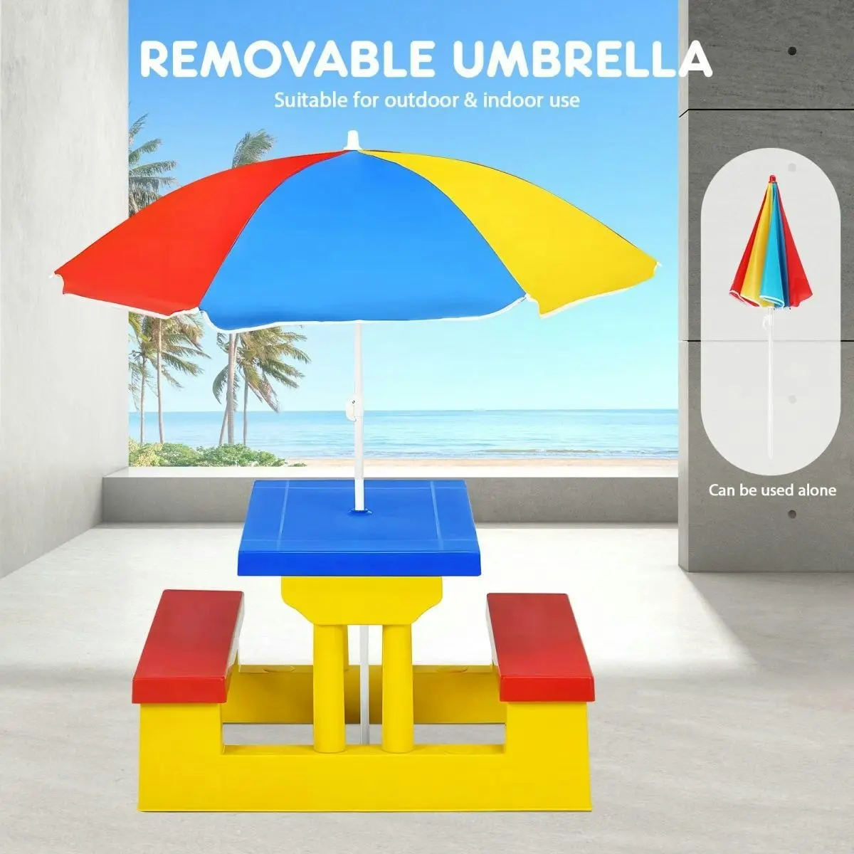 Ausway Kids Table and Chairs Toddler Childrens Picnic Activity Desk Outdoor Play Bench Set Furniture Portable Plastic with Umbrella