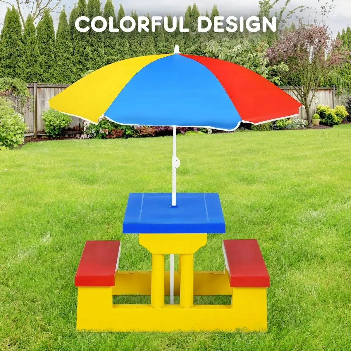 Ausway Kids Table and Chairs Toddler Childrens Picnic Activity Desk Outdoor Play Bench Set Furniture Portable Plastic with Umbrella