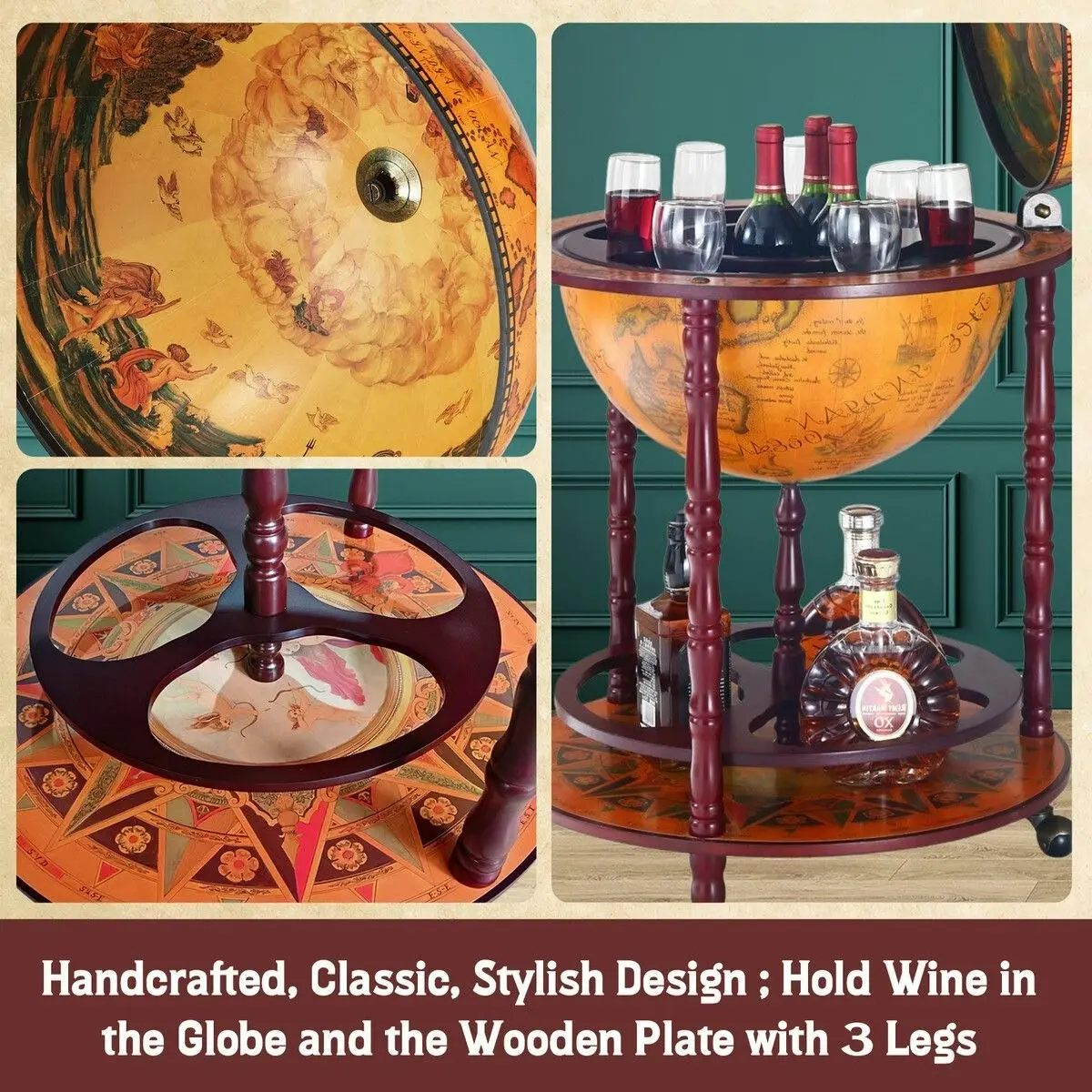 LUXSUITE Antique Globe Alcohol Cabinet Bar Cart Drinks Wine Serving Trolley Bottle Organiser Mini Round Mobile Stand 55x55x95cm