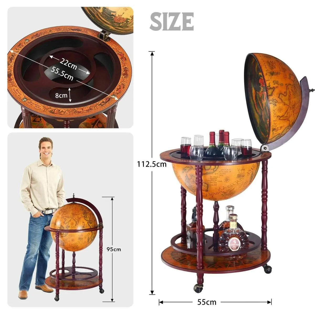 LUXSUITE Antique Globe Alcohol Cabinet Bar Cart Drinks Wine Serving Trolley Bottle Organiser Mini Round Mobile Stand 55x55x95cm