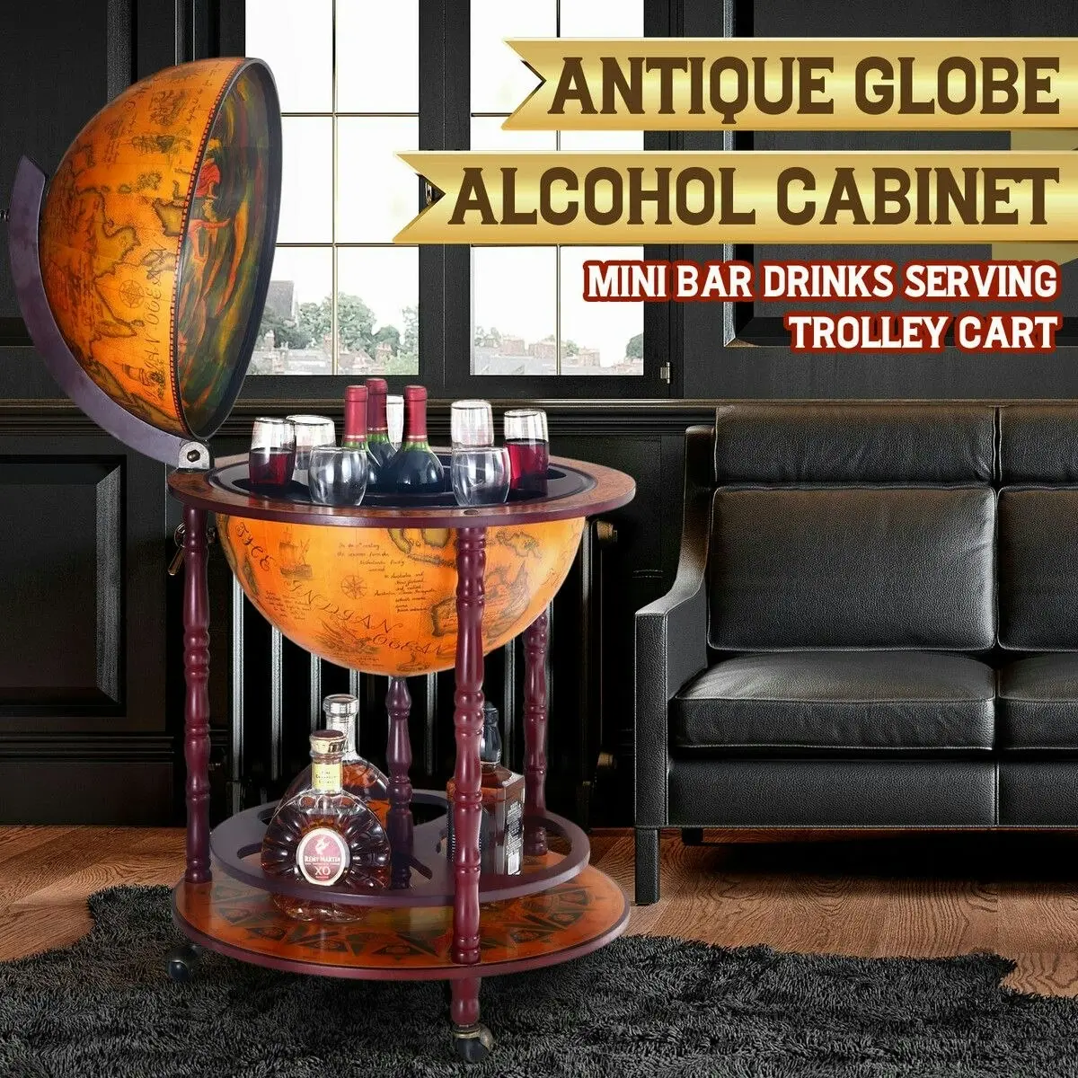 LUXSUITE Antique Globe Alcohol Cabinet Bar Cart Drinks Wine Serving Trolley Bottle Organiser Mini Round Mobile Stand 55x55x95cm