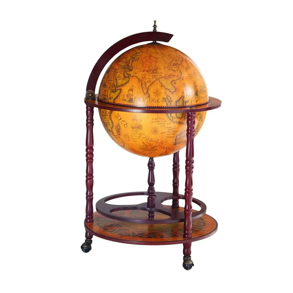 LUXSUITE Antique Globe Alcohol Cabinet Bar Cart Drinks Wine Serving Trolley Bottle Organiser Mini Round Mobile Stand 55x55x95cm