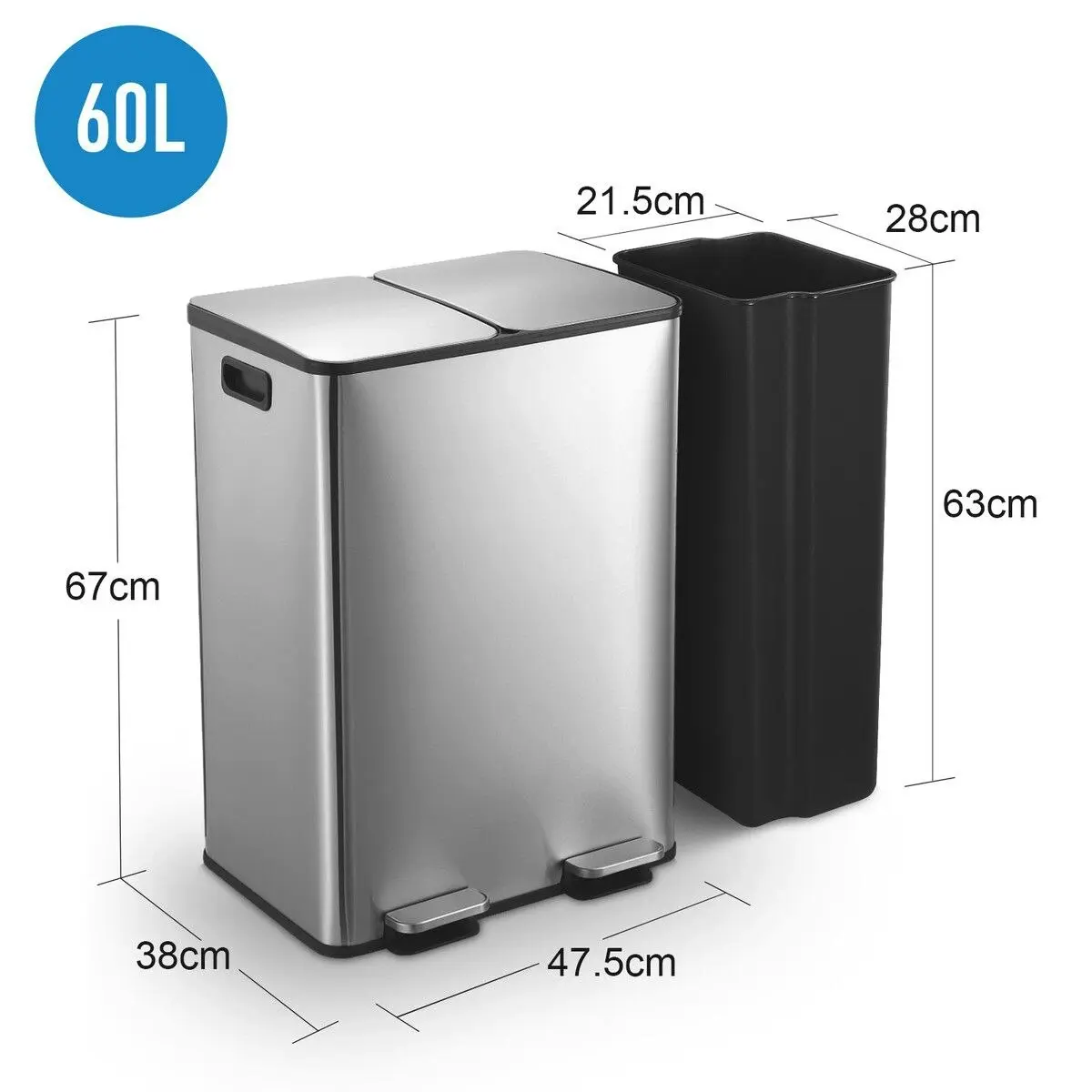 Maxkon 60L Rubbish Bin Dual Compartment Pedal Garbage Can Recycling Trash Waste Stainless Steel Trashcan Soft Closing Lid Kitchen