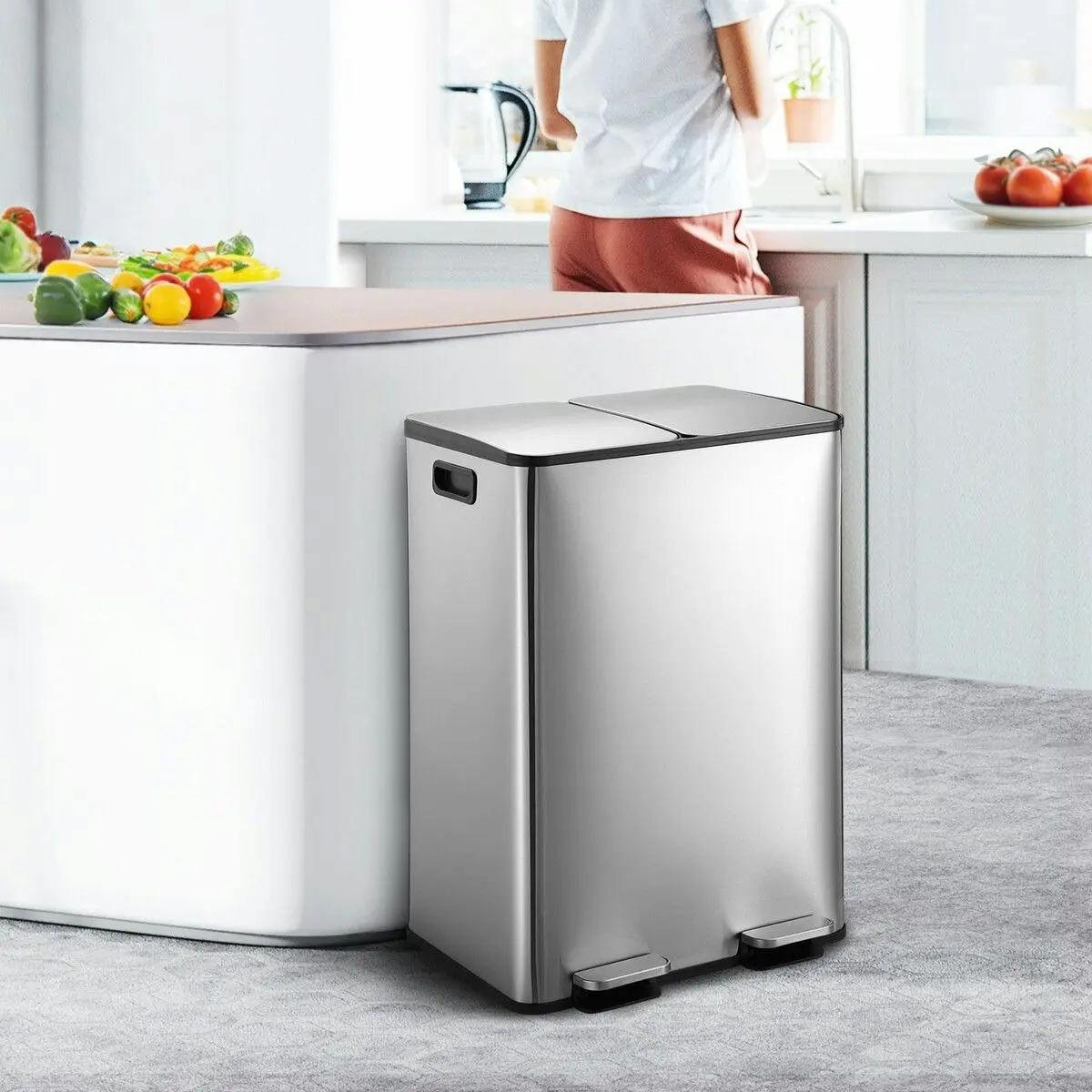 Maxkon 60L Rubbish Bin Dual Compartment Pedal Garbage Can Recycling Trash Waste Stainless Steel Trashcan Soft Closing Lid Kitchen