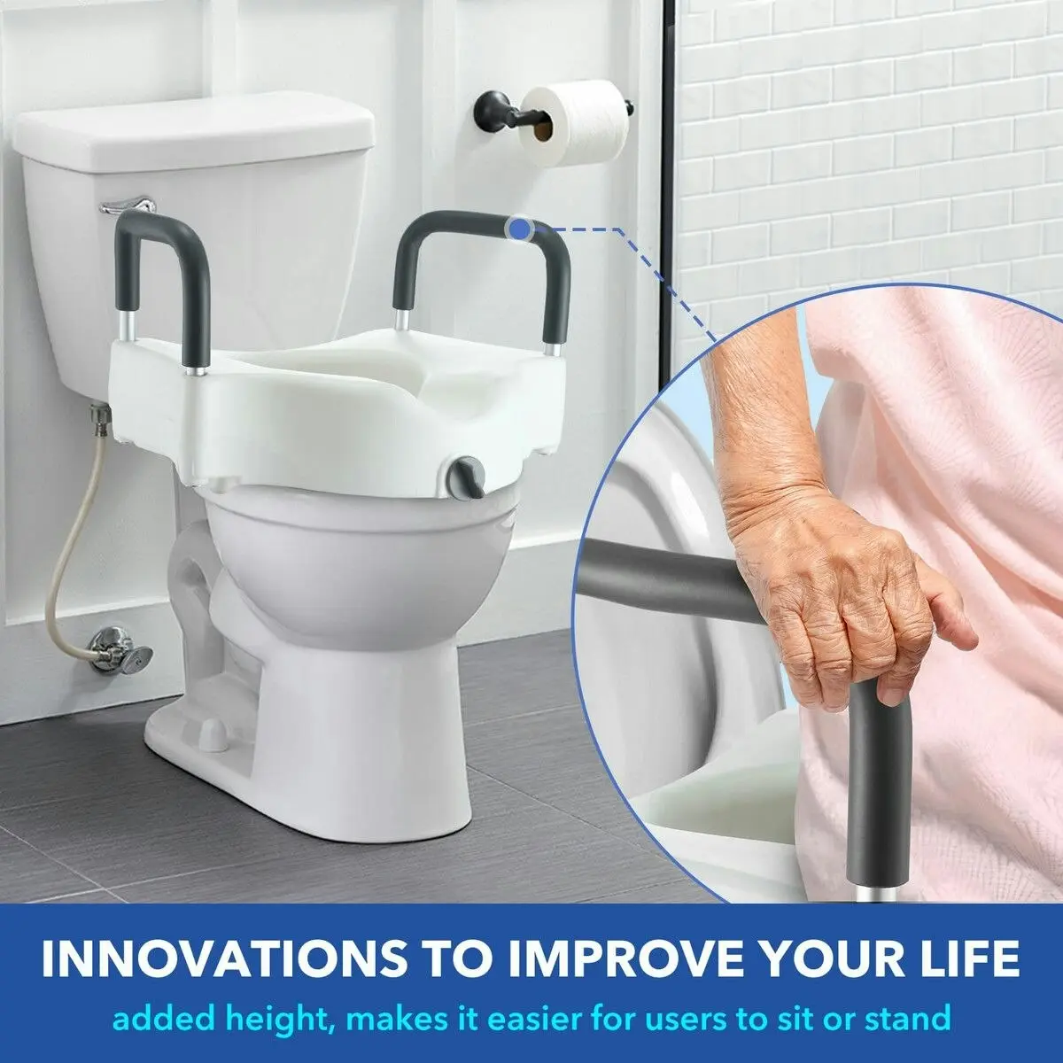 LUXSUITE 5 Inch Raised Toilet Seat Elevated Riser For Assisted Living Handicap With Arm Rests Arms Fits Most Toilets Aluminum