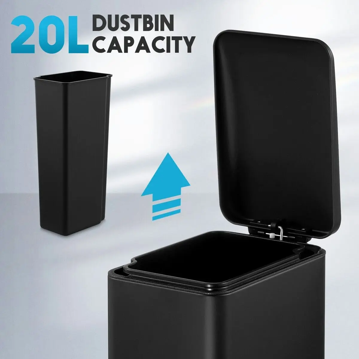 LUXSUITE 20L Pedal Rubbish Bin Trash Can Recycling Garbage Dustbin Kitchen Bathroom Under Sink Office Slim Rectangular Waste Container Black