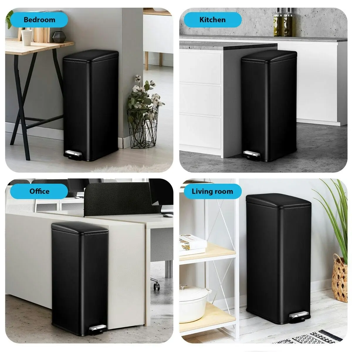 LUXSUITE 20L Pedal Rubbish Bin Trash Can Recycling Garbage Dustbin Kitchen Bathroom Under Sink Office Slim Rectangular Waste Container Black