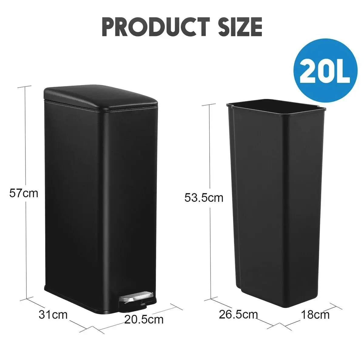 LUXSUITE 20L Pedal Rubbish Bin Trash Can Recycling Garbage Dustbin Kitchen Bathroom Under Sink Office Slim Rectangular Waste Container Black