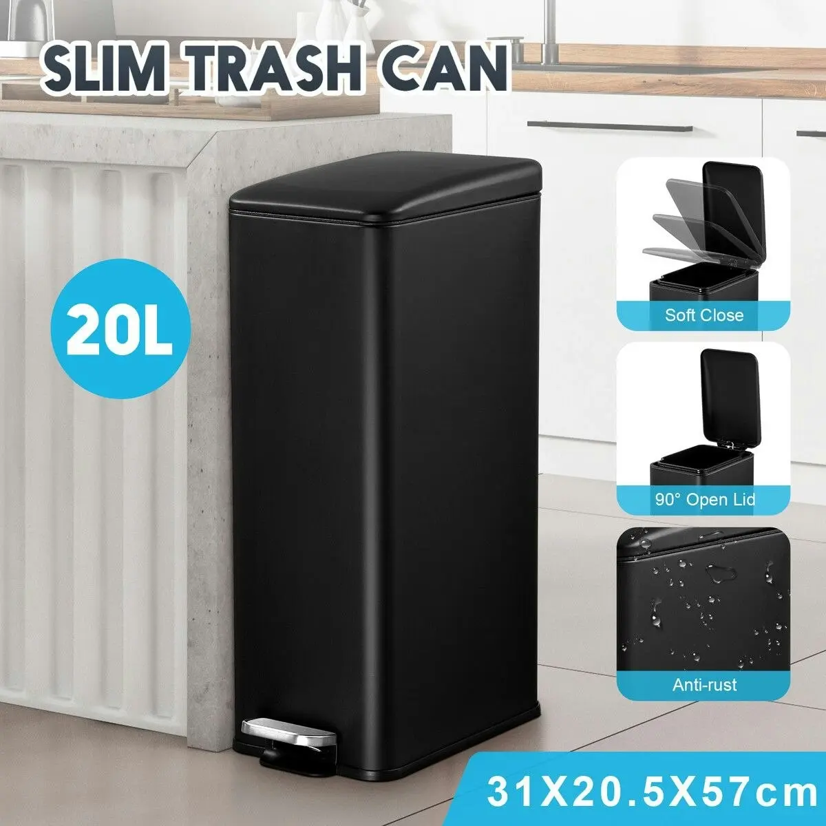 LUXSUITE 20L Pedal Rubbish Bin Trash Can Recycling Garbage Dustbin Kitchen Bathroom Under Sink Office Slim Rectangular Waste Container Black