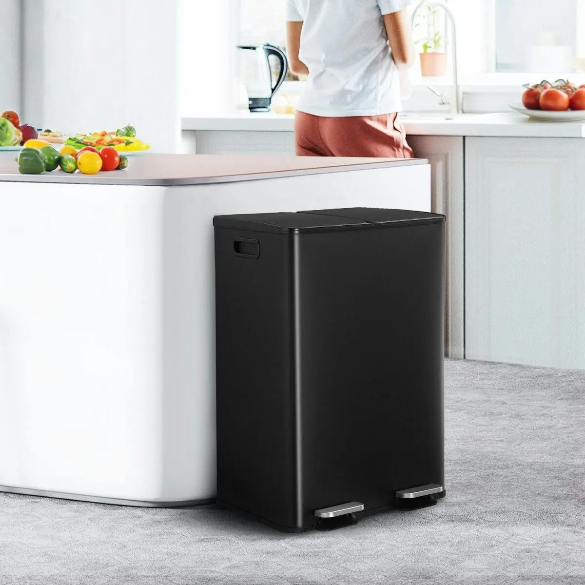 Maxkon 60L Rubbish Bin Dual Compartment Pedal Garbage Can Recycling Waste Stainless Steel Trashcan Soft Closing Lid Kitchen Black