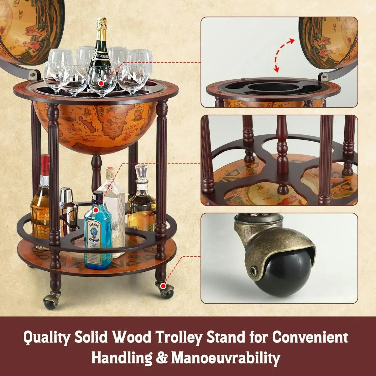 Ausway Antique Globe Bar Cabinet Mini Wine Rack Drinks Round Storage Mid-century Alcohol Trolley Cart