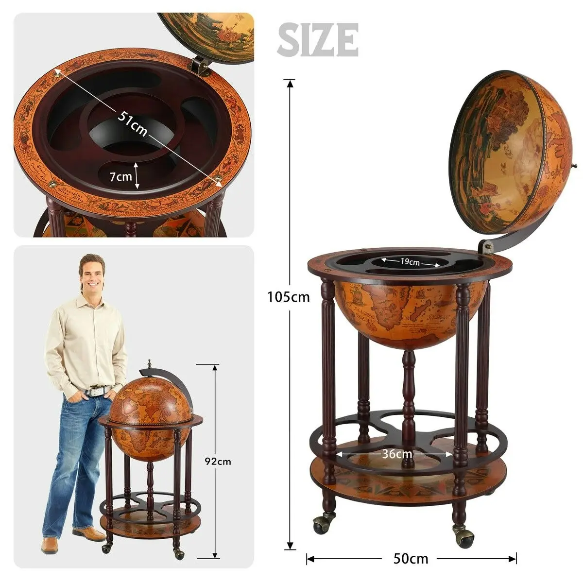 Ausway Antique Globe Bar Cabinet Mini Wine Rack Drinks Round Storage Mid-century Alcohol Trolley Cart