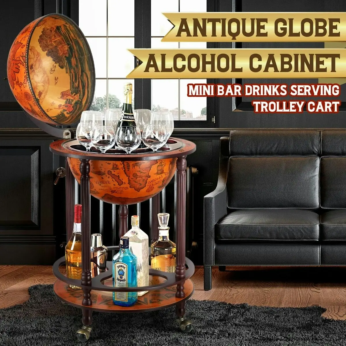 Ausway Antique Globe Bar Cabinet Mini Wine Rack Drinks Round Storage Mid-century Alcohol Trolley Cart