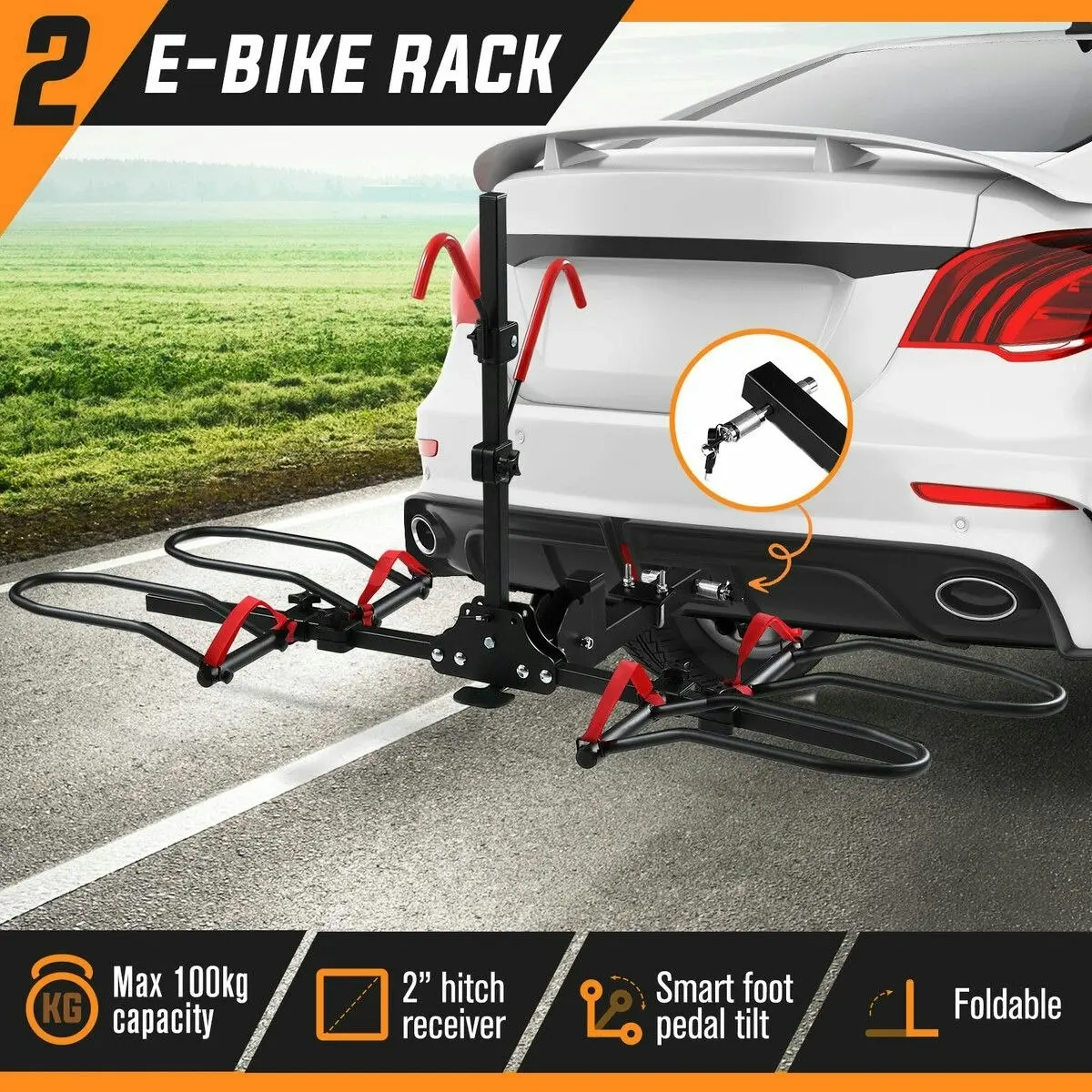 Ausway 2 Ebike Rack for Car Mountain Bicycle Carrier Stand Rear Mount Storage Platform Holder 2 Inch Foldable Tilt with Lock