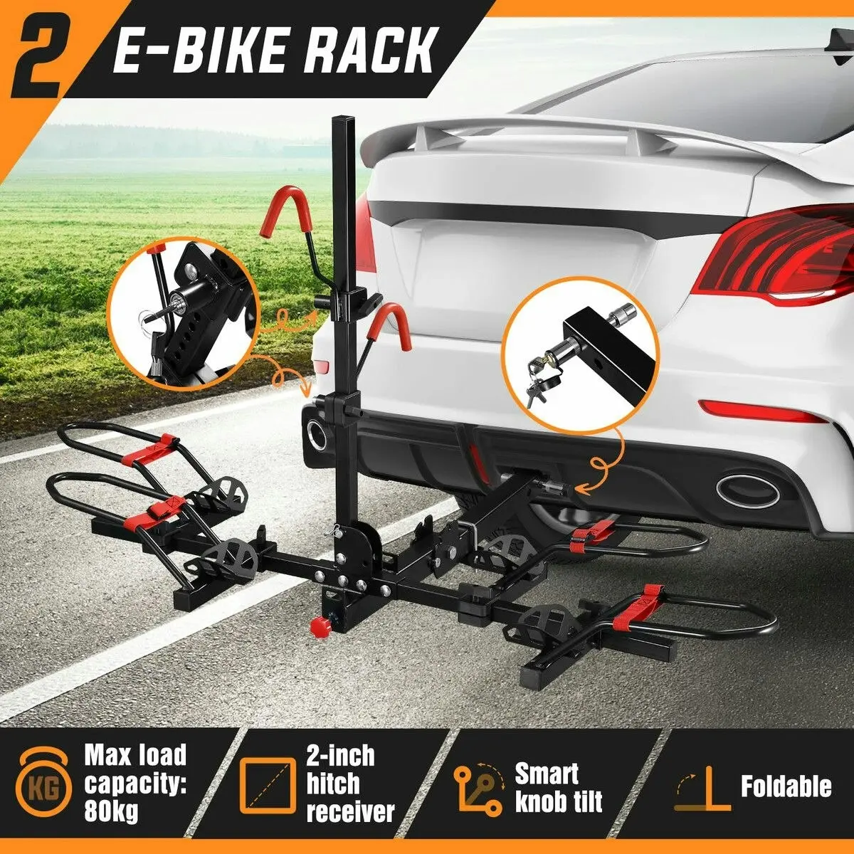 Ausway 2 Ebike Rack Mountain Bicycle Carrier Stand Rear Electric Car Mount Storage Platform Holder 2 Inch Foldable Tilt with Lock