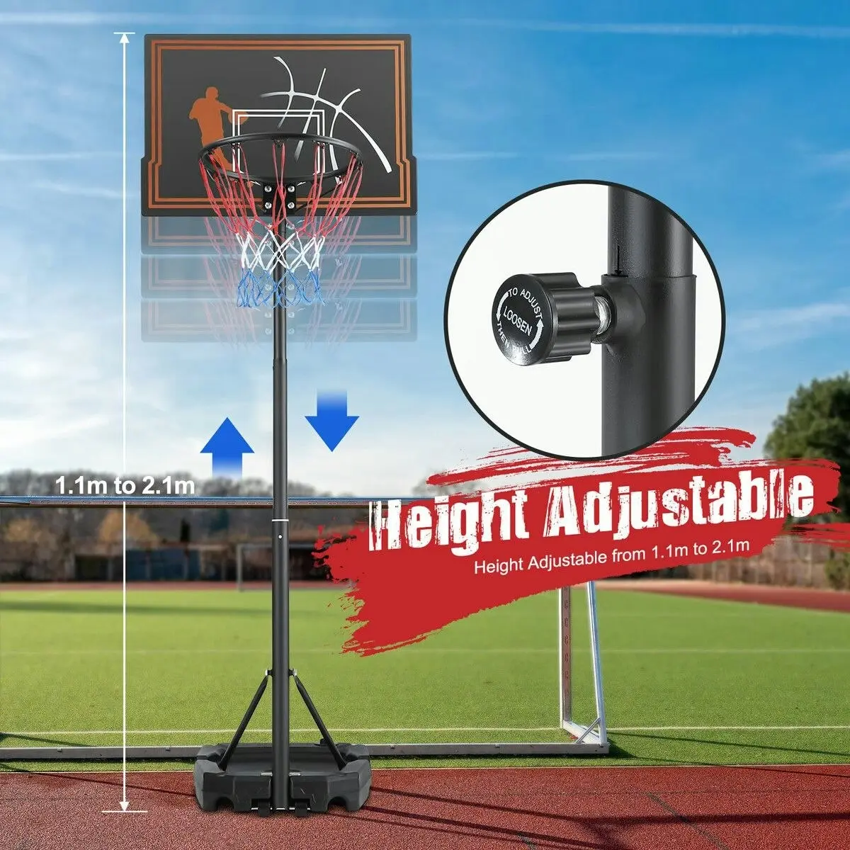 Genki  1.1 to 2.1m Portable Basketball System Stand Ring Hoop Height Adjustable Equipment Indoor for Kids Adults