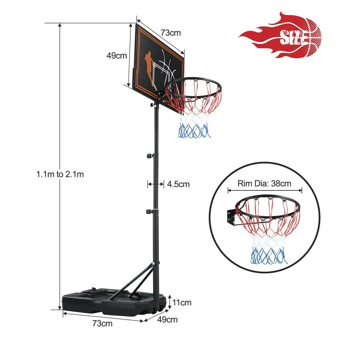 Genki  1.1 to 2.1m Portable Basketball System Stand Ring Hoop Height Adjustable Equipment Indoor for Kids Adults