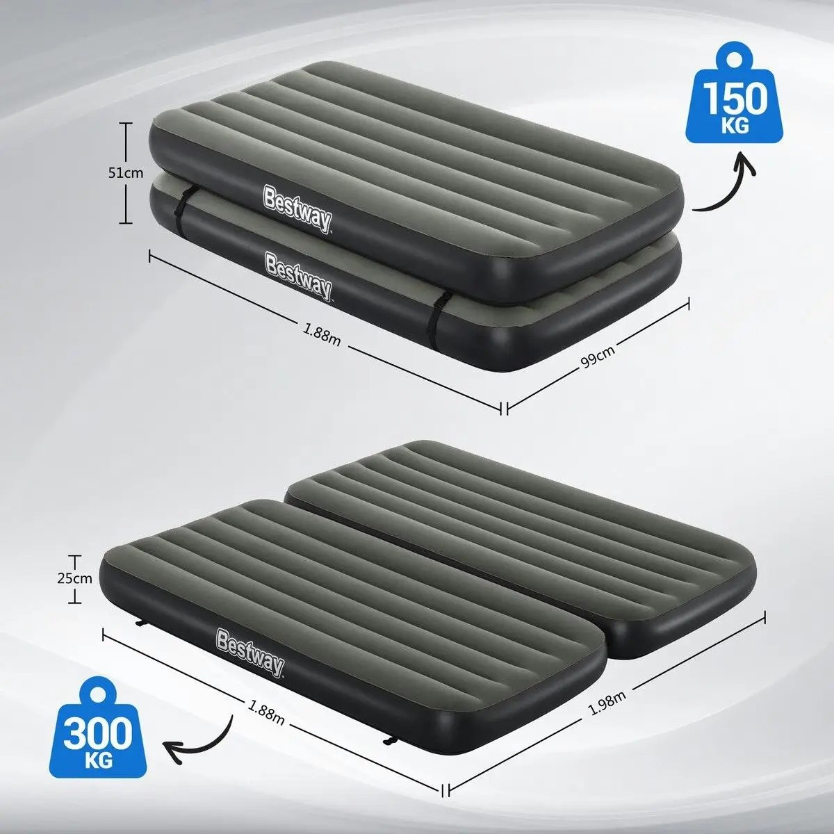 Bestway  Air Mattress King Size Twin Beds 3 In 1 Inflatable Blow Up Bed With 188x198x25cm