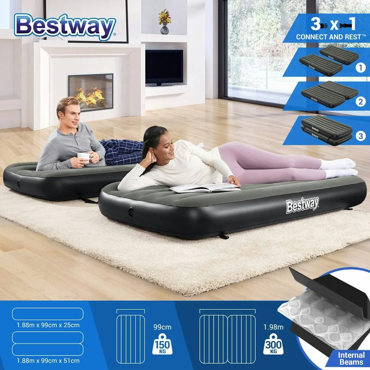 Bestway  Air Mattress King Size Twin Beds 3 In 1 Inflatable Blow Up Bed With 188x198x25cm