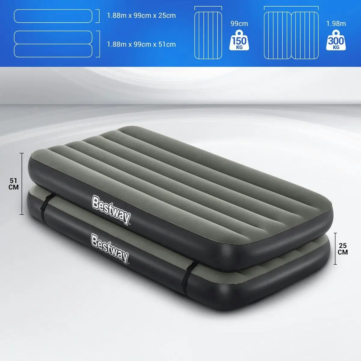 Bestway  Air Mattress King Size Twin Beds 3 In 1 Inflatable Blow Up Bed With 188x198x25cm