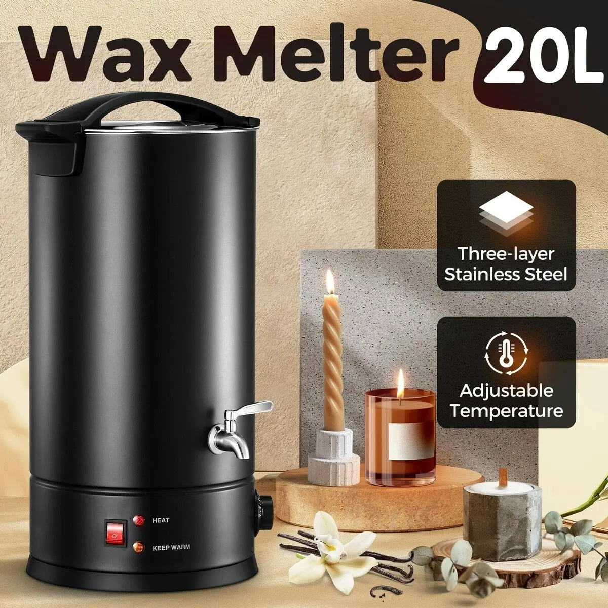 Ausway Electric Wax Melter 20L Candle Making 1800W Melting Pot Furnace Quick Pour Spout Soy Bees Soap Maker Machine Temperature Control Home Commercial