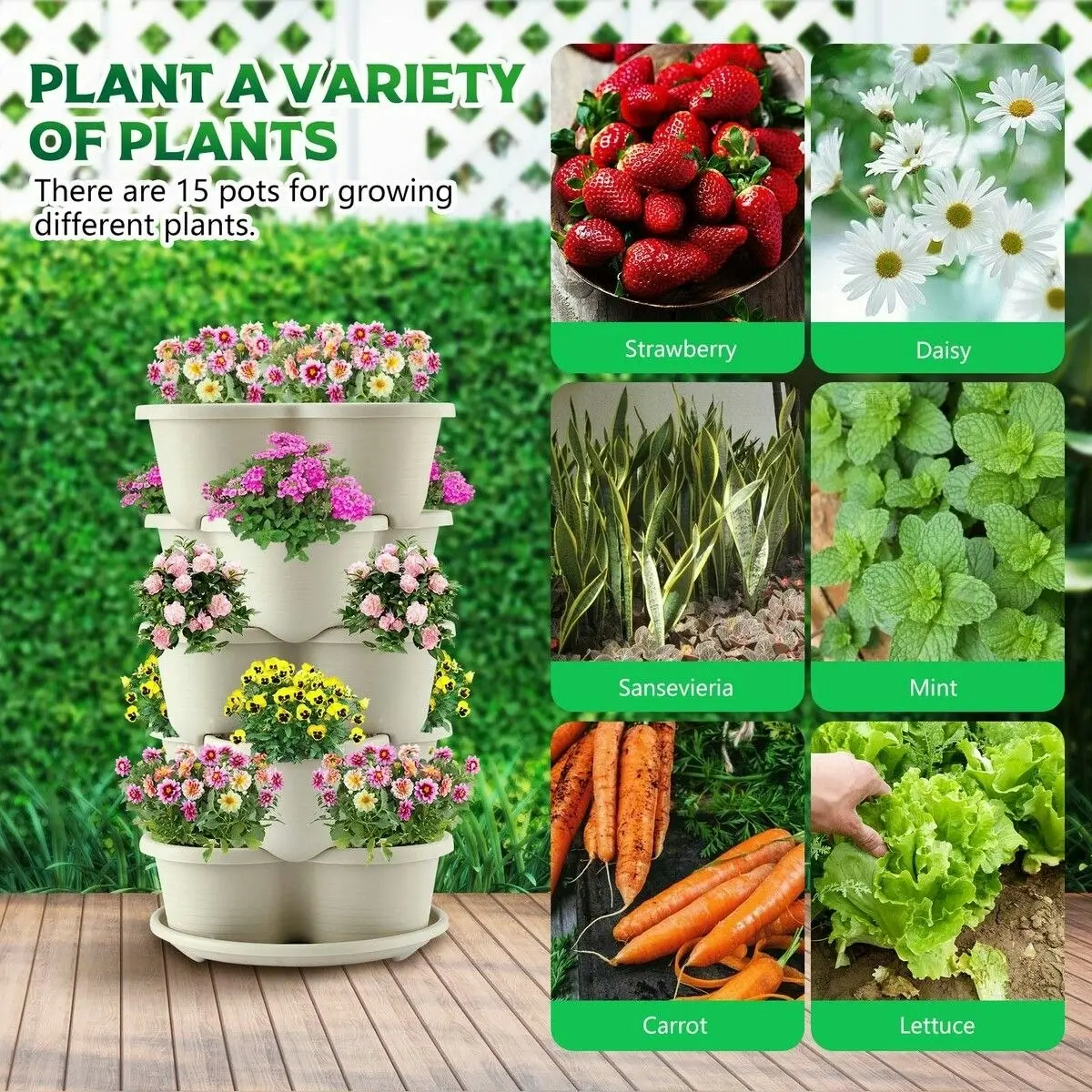 Ausway Vertical Garden Planter 5 Tier Indoor Outdoor Plant Flower Plastic Pot Stand Holder Containers Strawberry Herb Vegetable Succulent Planting Tower