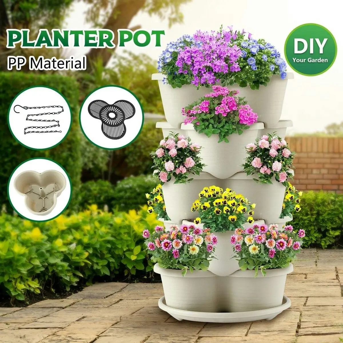 Ausway Vertical Garden Planter 5 Tier Indoor Outdoor Plant Flower Plastic Pot Stand Holder Containers Strawberry Herb Vegetable Succulent Planting Tower