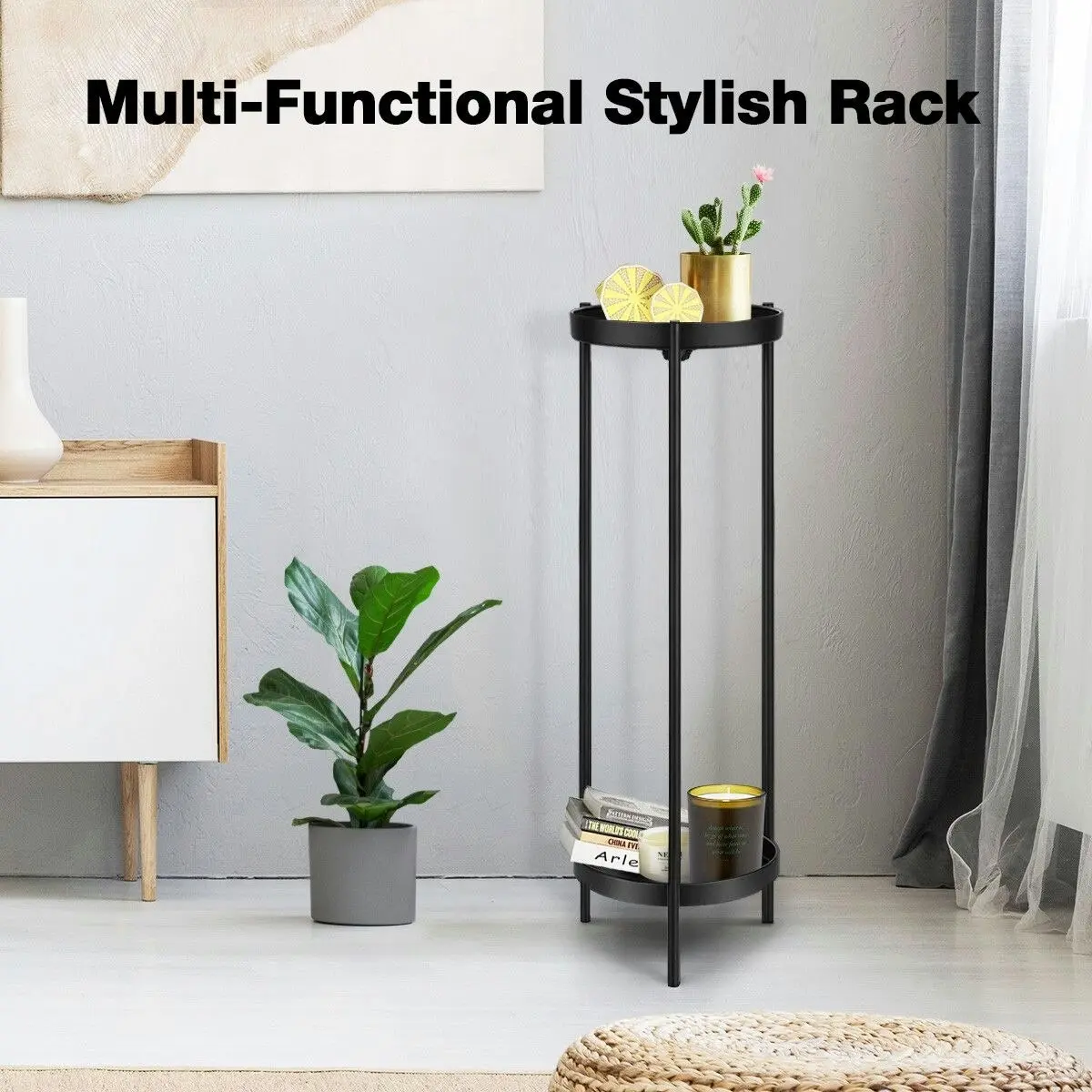 Ausway 80CM High Plant Stand Metal Flower Pots Shelf Indoor Outdoor Corner Black Planter Holder Rack