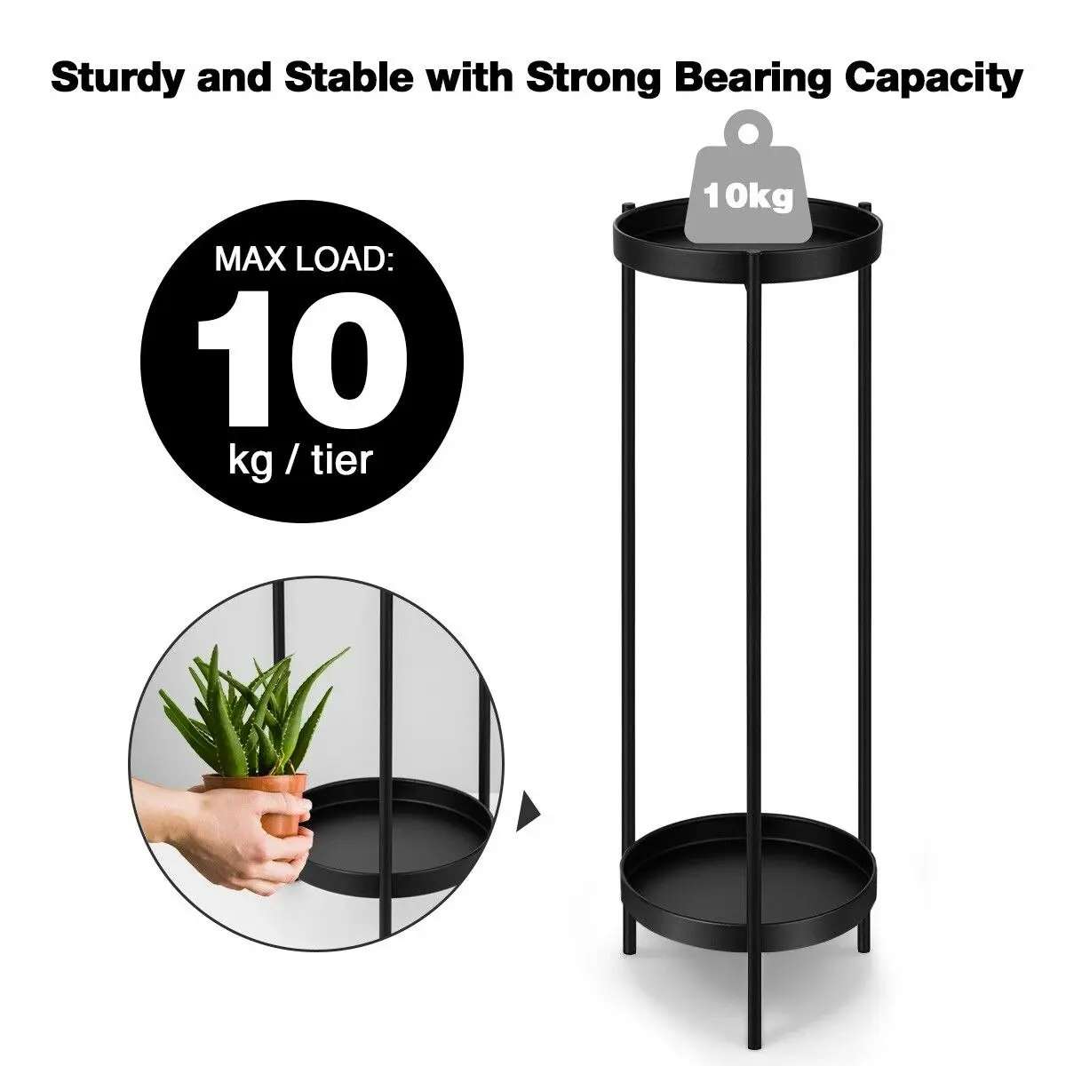 Ausway 80CM High Plant Stand Metal Flower Pots Shelf Indoor Outdoor Corner Black Planter Holder Rack