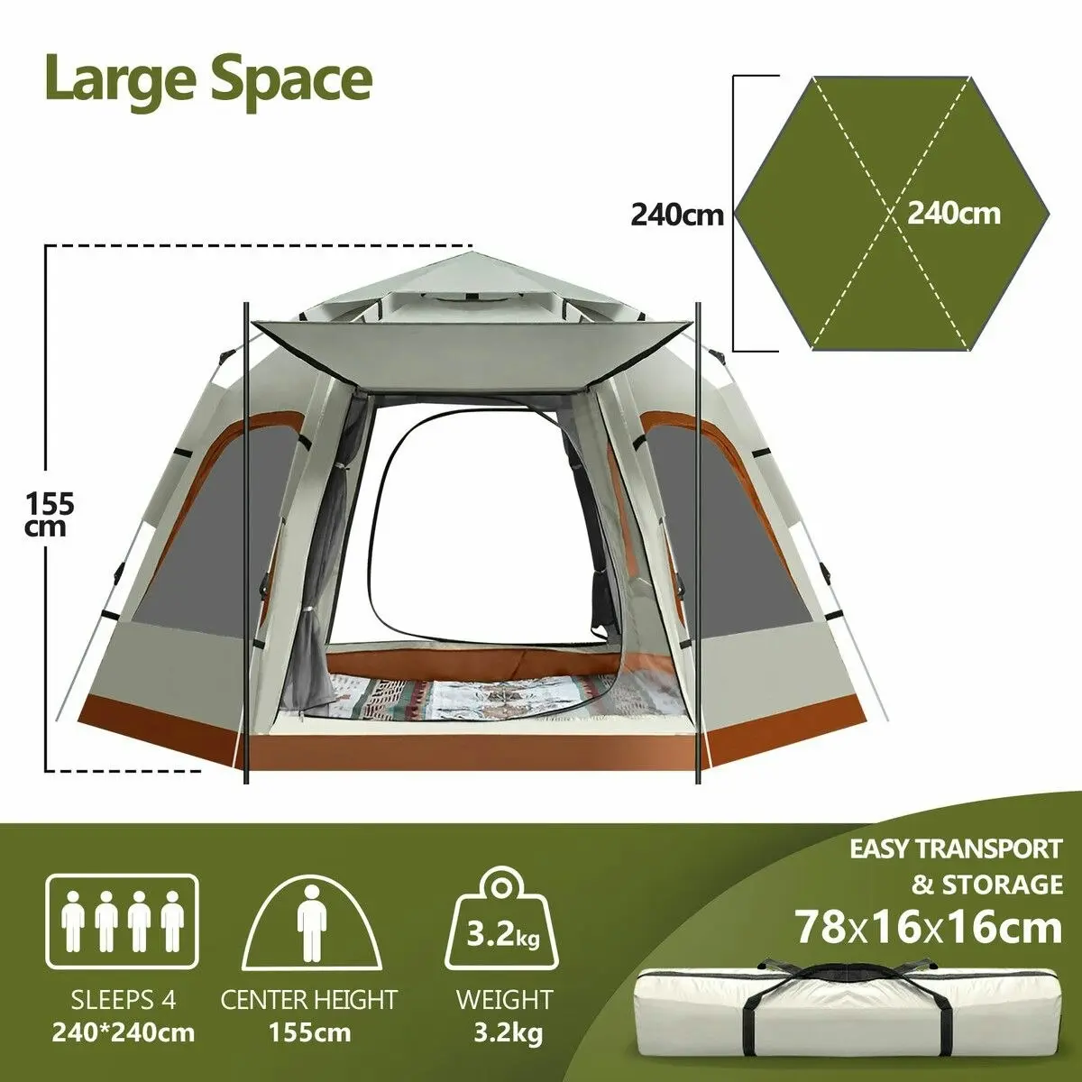 OGL 4 Man Beach Tent Camping Shelter Auto Pop Up Family Instant Sun Shade Hiking Fishing Picnic Outdoor Rain Water UV Proof Portable 240x240x155cm