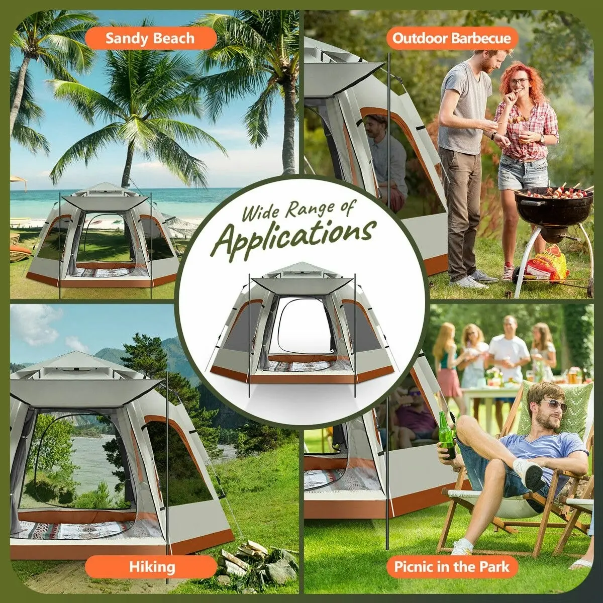 OGL 4 Man Beach Tent Camping Shelter Auto Pop Up Family Instant Sun Shade Hiking Fishing Picnic Outdoor Rain Water UV Proof Portable 240x240x155cm