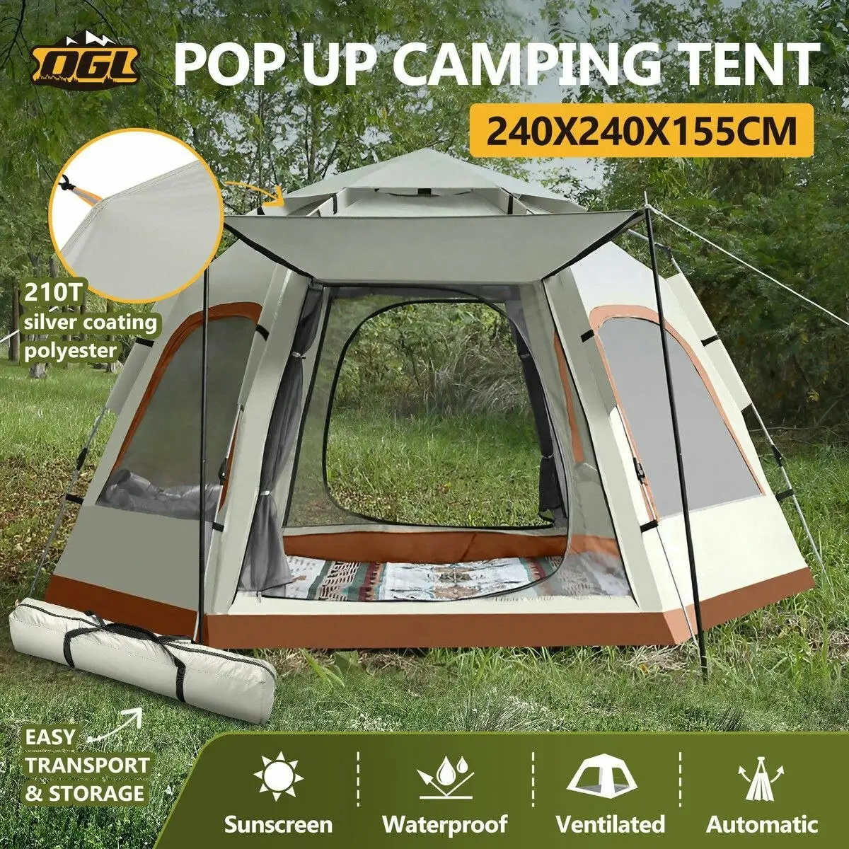 OGL 4 Man Beach Tent Camping Shelter Auto Pop Up Family Instant Sun Shade Hiking Fishing Picnic Outdoor Rain Water UV Proof Portable 240x240x155cm