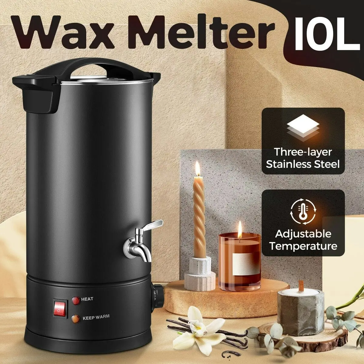 Ausway 10L Wax Melter Candle Making 1800W Melting Pot Furnace Quick Pour Spout Temperature Control Electric Home Commercial Soy Soap Maker Machine