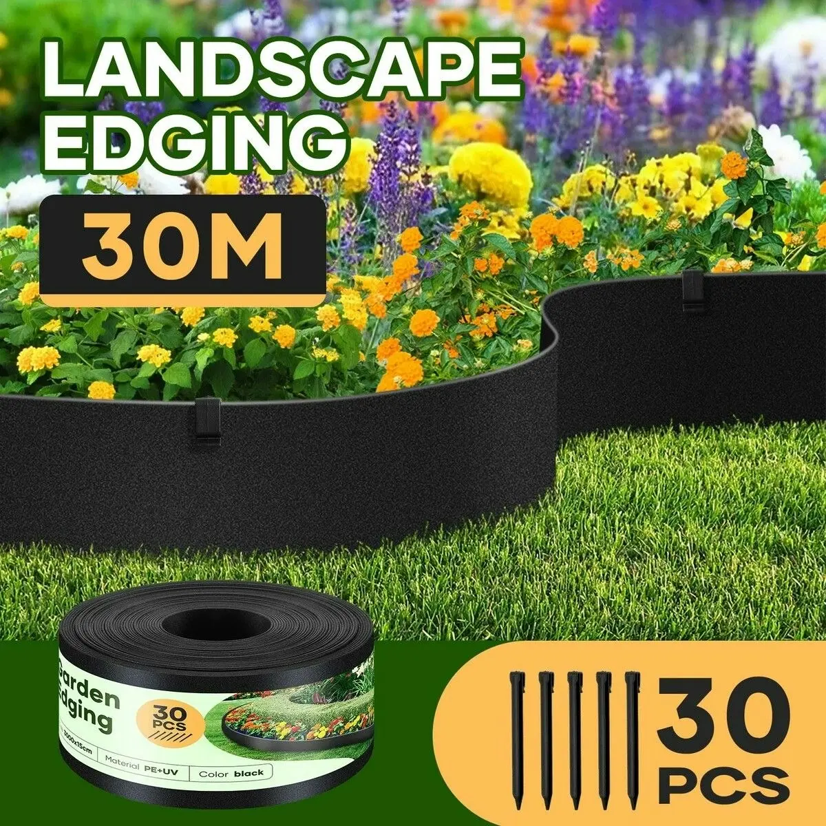 Ausway 30mx15cm Garden Edging Lawn Border Landscape Edge Flexible DIY Fence Barrier Path Driveway Plant Grass Flower Bed Support Plastic Roll Kit