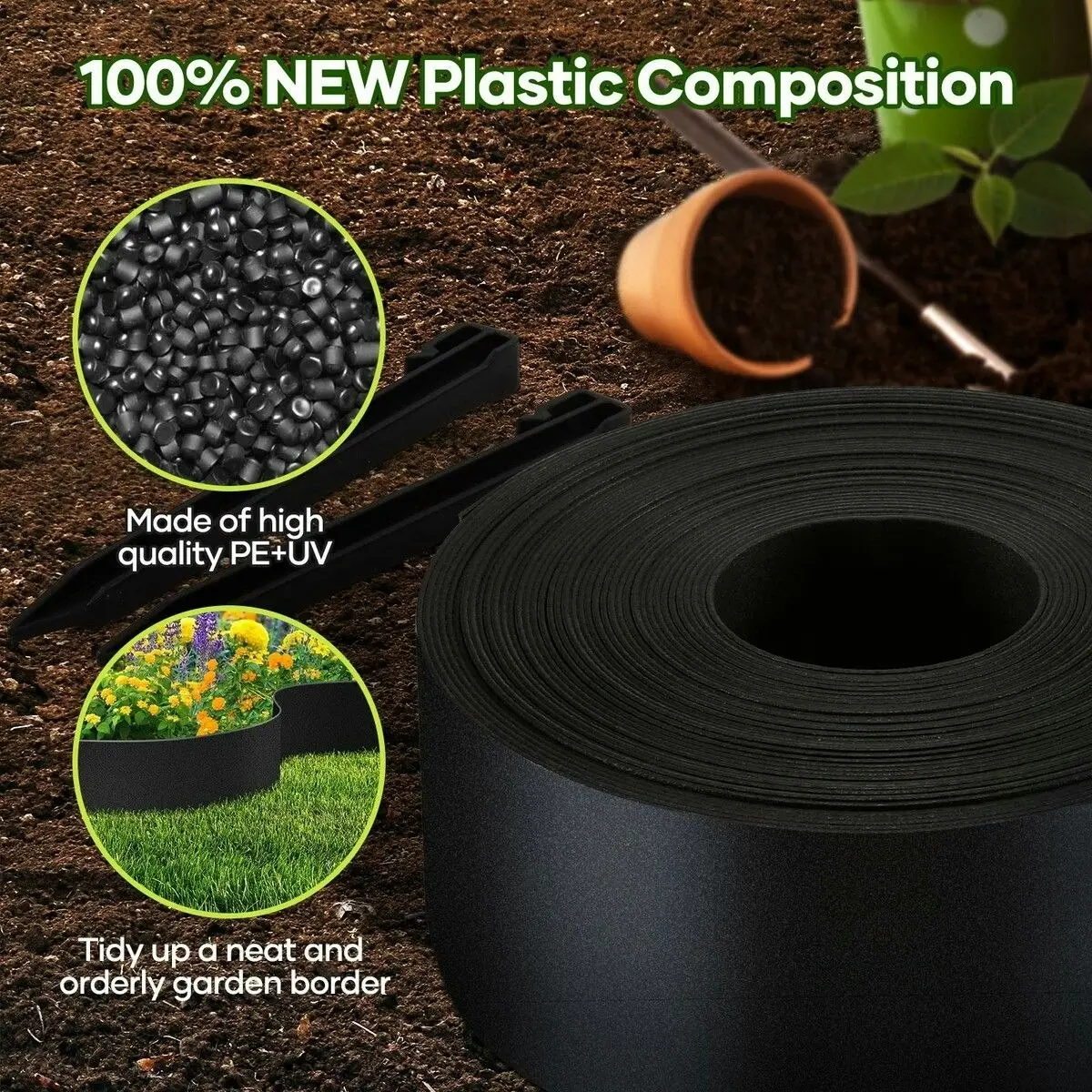 Ausway 30mx15cm Garden Edging Lawn Border Landscape Edge Flexible DIY Fence Barrier Path Driveway Plant Grass Flower Bed Support Plastic Roll Kit