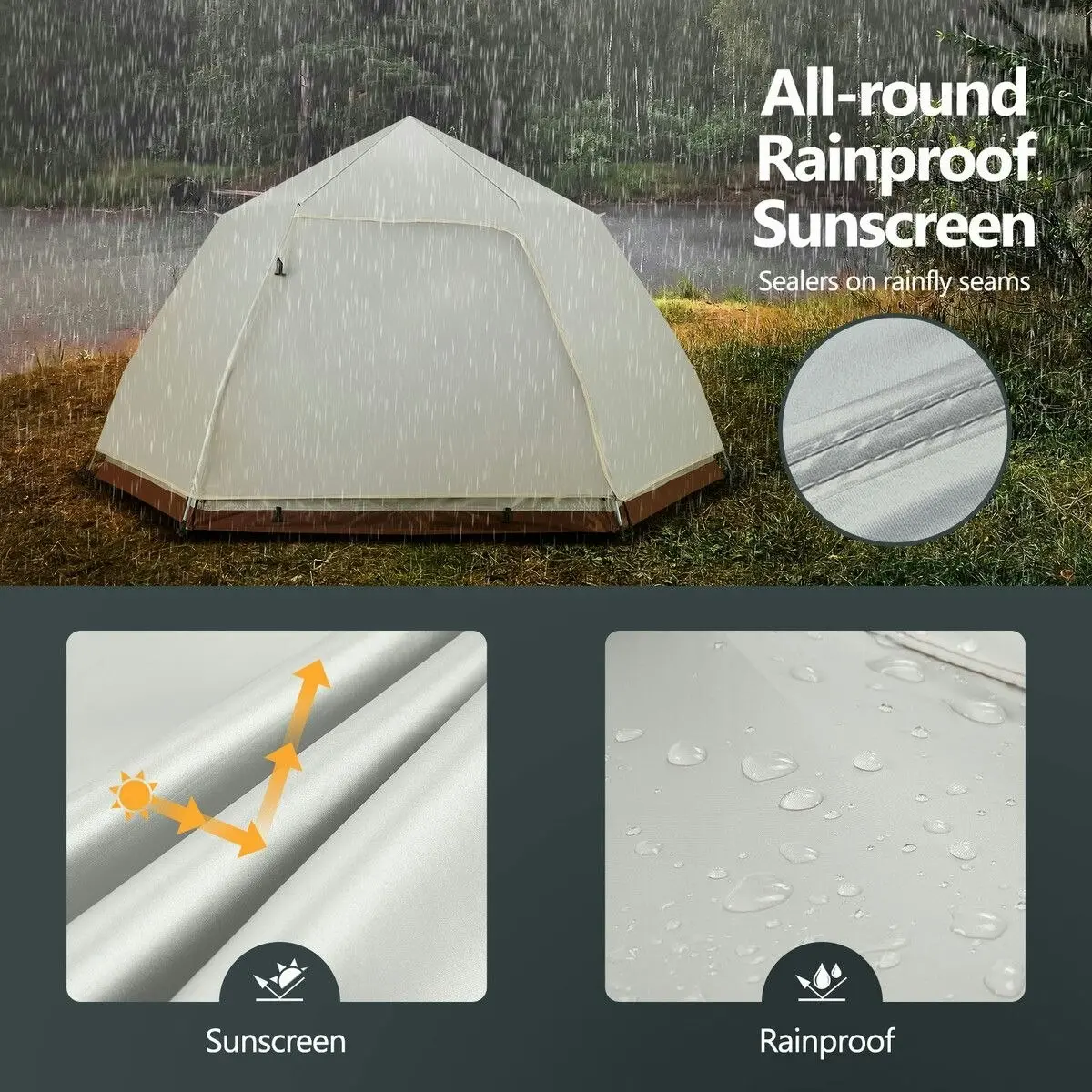 OGL 4 Man Beach Tent Shelter Camping Pop Up Instant Dome Family Shade Hiking Sun Rain Picnic Outdoor 240x240x135cm Creamy White