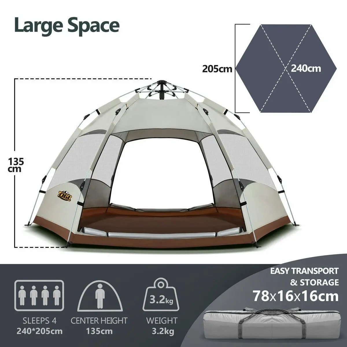 OGL 4 Man Beach Tent Shelter Camping Pop Up Instant Dome Family Shade Hiking Sun Rain Picnic Outdoor 240x240x135cm Creamy White