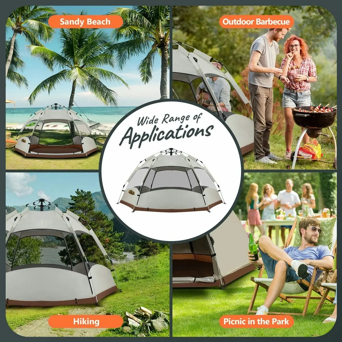 OGL 4 Man Beach Tent Shelter Camping Pop Up Instant Dome Family Shade Hiking Sun Rain Picnic Outdoor 240x240x135cm Creamy White