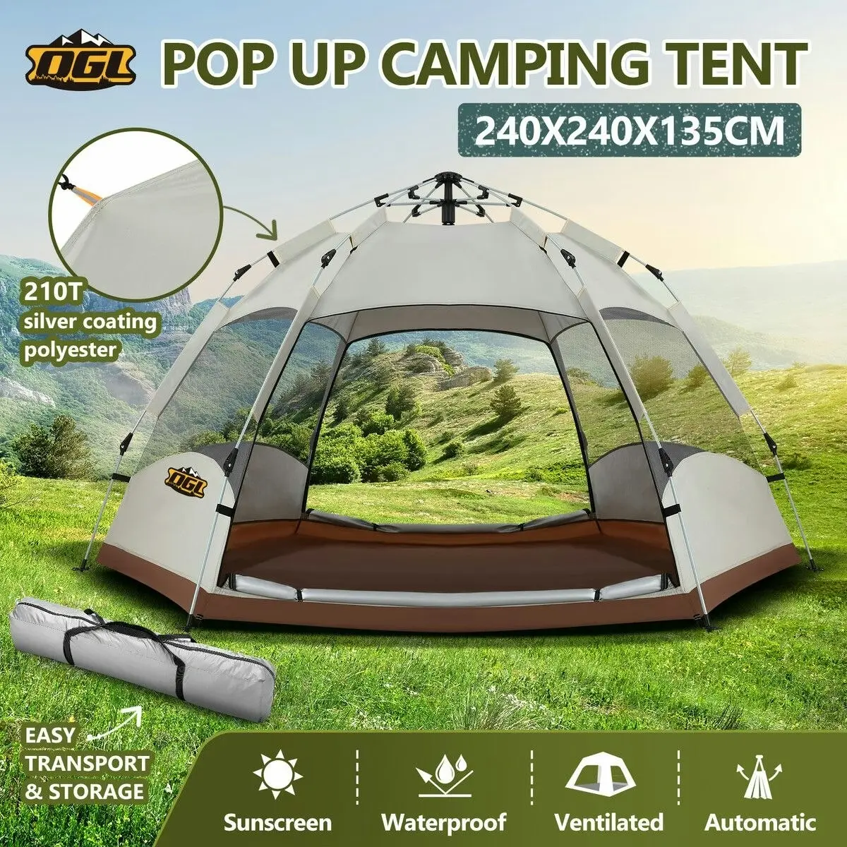 OGL 4 Man Beach Tent Shelter Camping Pop Up Instant Dome Family Shade Hiking Sun Rain Picnic Outdoor 240x240x135cm Creamy White