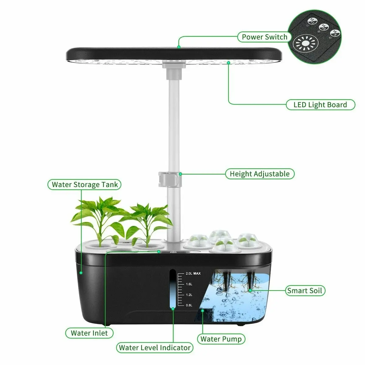 Maxkon Hydroponics Growing System 8 Pods Indoor Herb Garden Kit Full Spectrum LED Grow Light Smart Water Pump Tank Planter Plant Germination