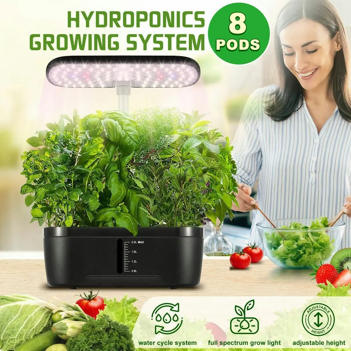 Maxkon Hydroponics Growing System 8 Pods Indoor Herb Garden Kit Full Spectrum LED Grow Light Smart Water Pump Tank Planter Plant Germination