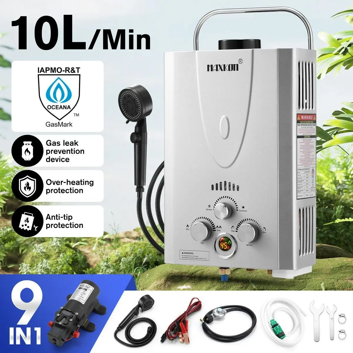 Maxkon  Gas Water Heater 9 in 1 10L Portable Outdoor Camping Instant Hot Shower Heating System Silver with Pump