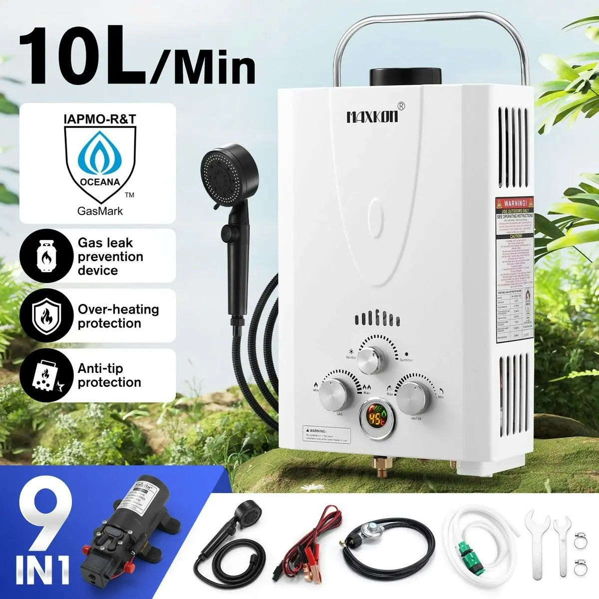 Maxkon  Gas Water Heater 9 in 1 10L Outdoor Portable Camping Shower Instant Hot Heating System White with Pump