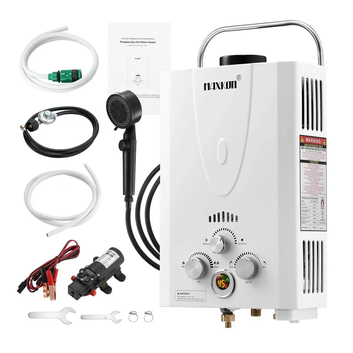 Maxkon  Gas Water Heater 9 in 1 10L Outdoor Portable Camping Shower Instant Hot Heating System White with Pump