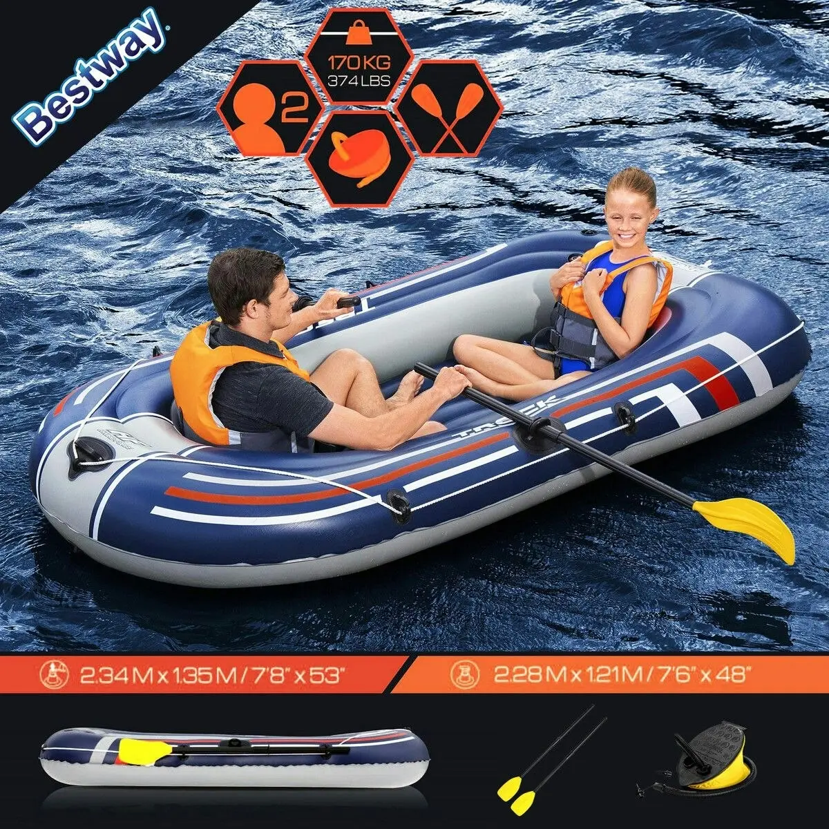 Bestway  Inflatable Boat Set 2.28m X 1.21m Floating Raft Blow Up Canoe Watercraft Vessel With Oars and Pump