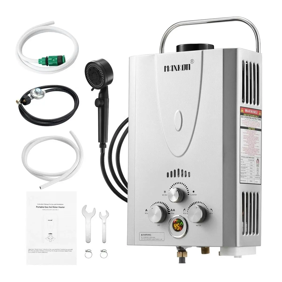 Maxkon  Gas Water Heater 7 in 1 10L Portable Camping Outdoor Instant Hot Shower Heating System Silver