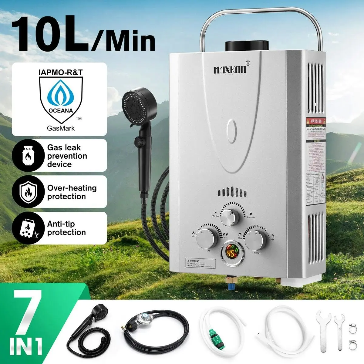 Maxkon  Gas Water Heater 7 in 1 10L Portable Camping Outdoor Instant Hot Shower Heating System Silver