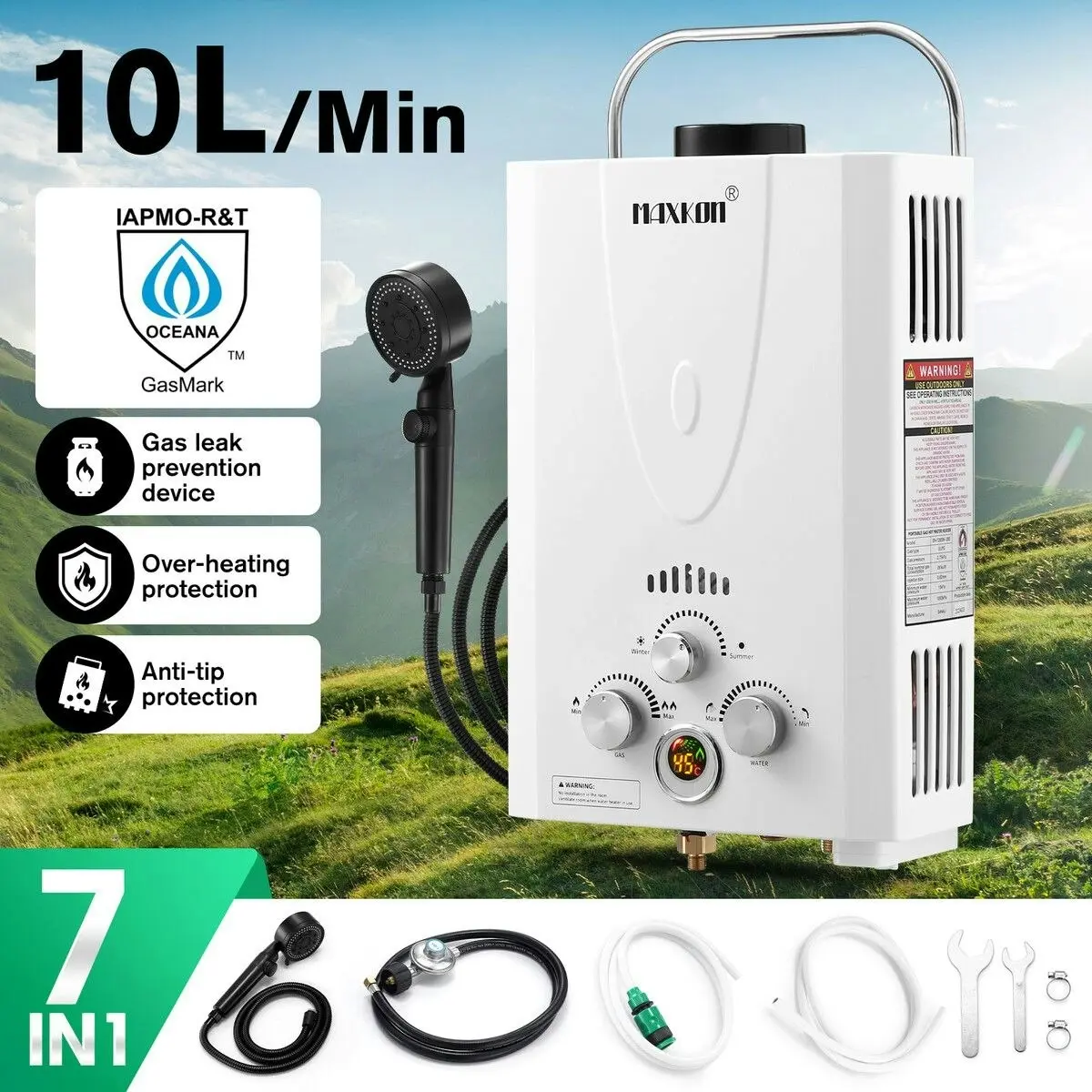 Maxkon  Gas Water Heater 7 in 1 10L Outdoor Portable Camping Shower Instant Hot Heating System White