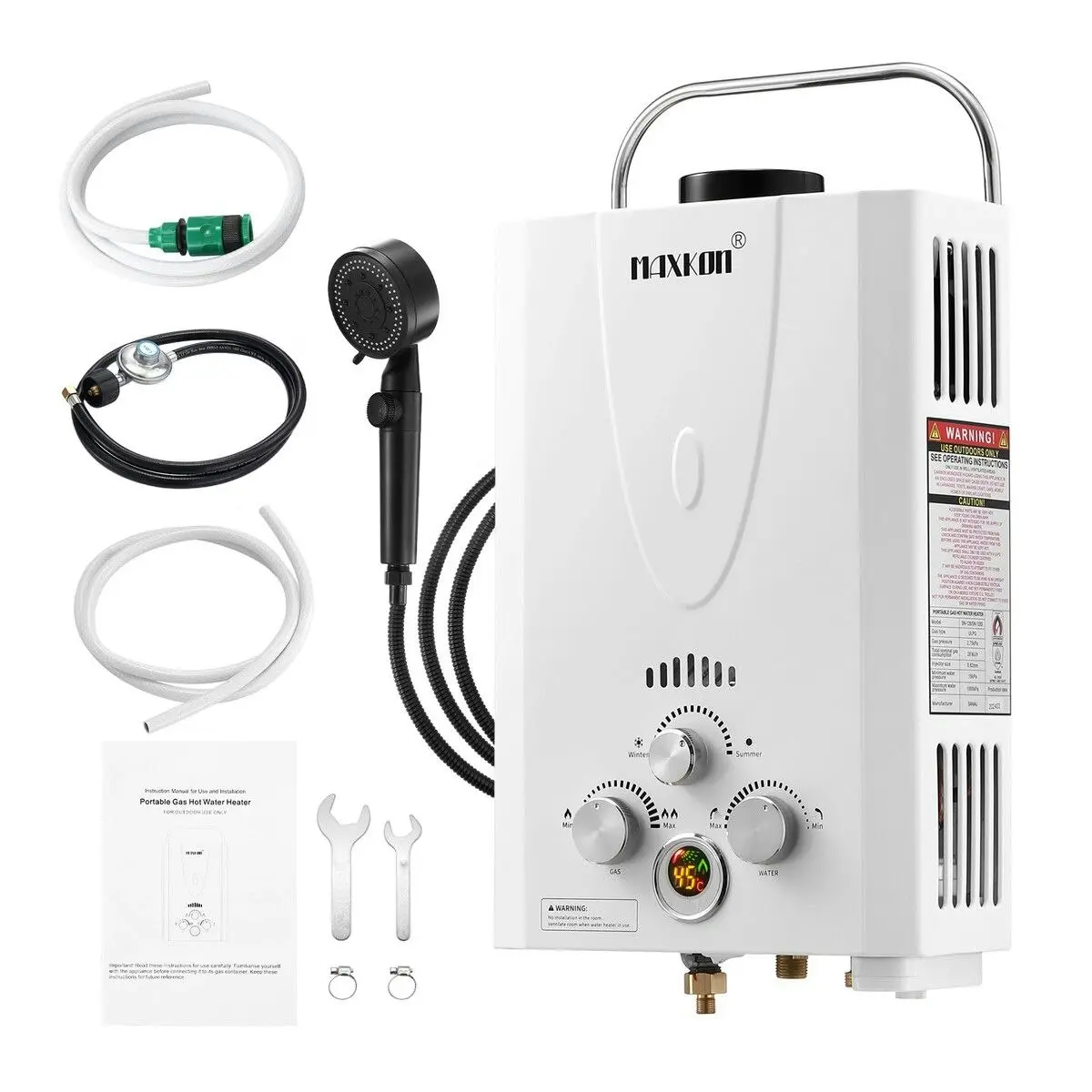 Maxkon  Gas Water Heater 7 in 1 10L Outdoor Portable Camping Shower Instant Hot Heating System White